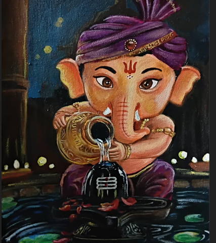Divine Innocence: Little Ganesha Performing Abhishekam