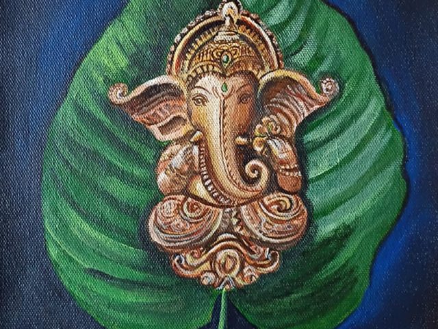 Divine Grace on a Leaf: Lord Ganesha Artwork